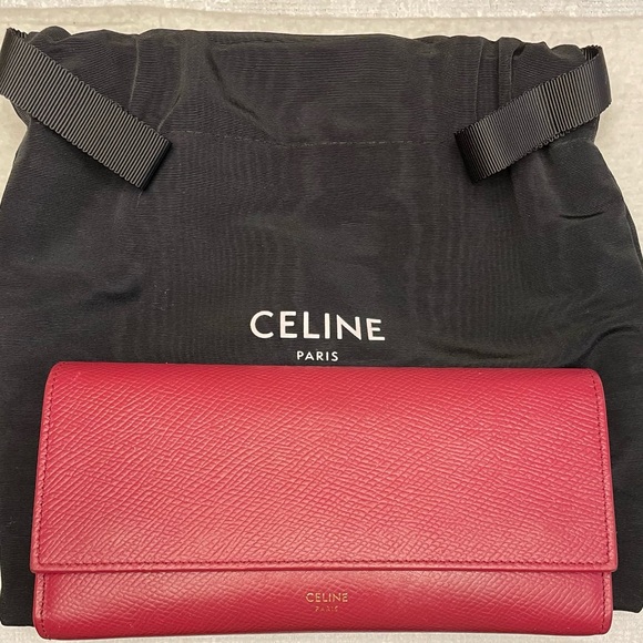 Celine Authentic Vintage Cranberry Leather Long Wallet with Black Dustcover